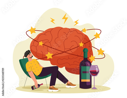 Drunk man sleep. Young guy lying with bottle in hand near brain with stars. Alcoholism and alcohol addiction, bad habits. Person with alcoholic beverages. Flat vector illustration