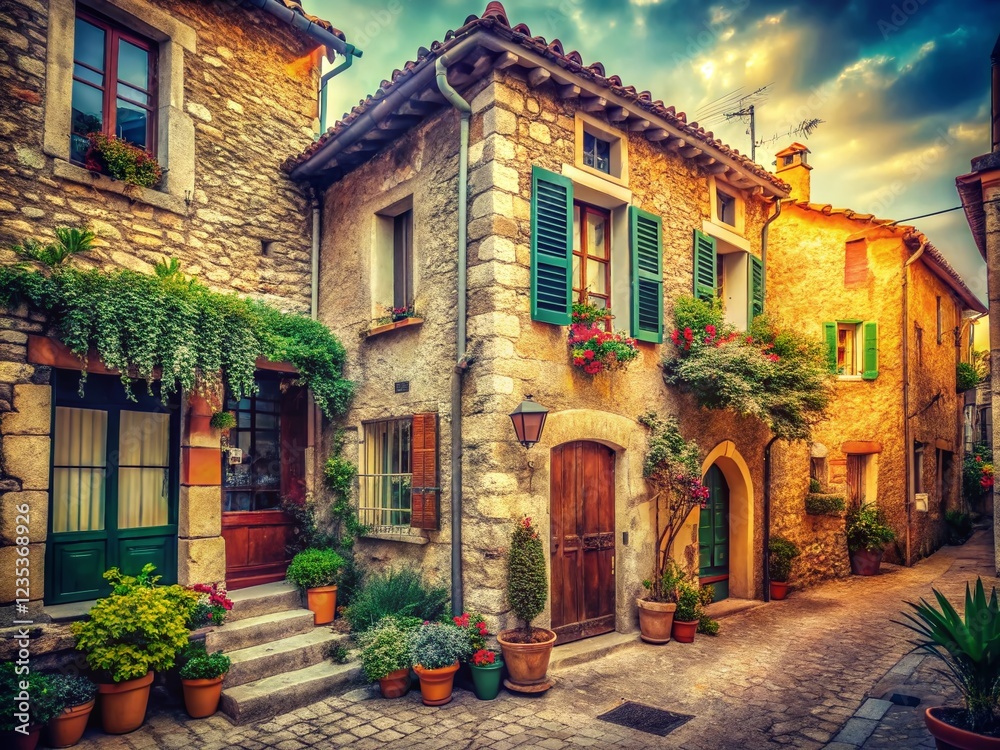 Fototapeta premium Vintage Stone House, Cagnes-sur-Mer Downtown, French Riviera, Old Town Charm, Historic Architecture