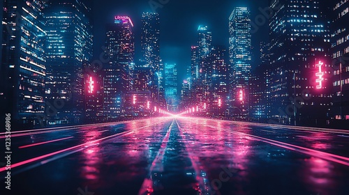Cyberpunk Cityscape: Neon Nightscape on a Wet Road