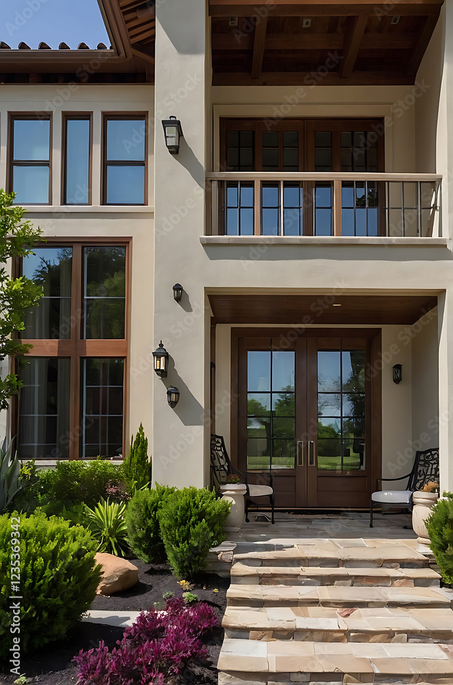 Mediterranean-Style Home Exterior: Luxurious Residence with Elegant Facade and Landscaped Garden Mediterranean-Style Home Exterior: Luxurious Residence with Elegant Facade and Landscaped Garden