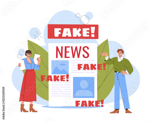 People with fake news. Man and woman near newspaper with fake news. Lie and propaganda, disinformation in publication. Bad mass media and journalists. Flat vector illustration