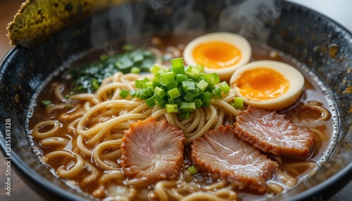 Steaming Bowl of Traditional Ramen with Rich Broth and Toppings photo