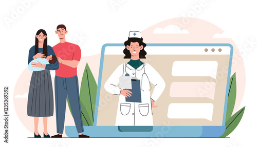 Family doctor online. Man and woman with baby in hands communicate with girl in medical uniform. Consultation on internet. Healthcare and medicine. Flat vector illustration