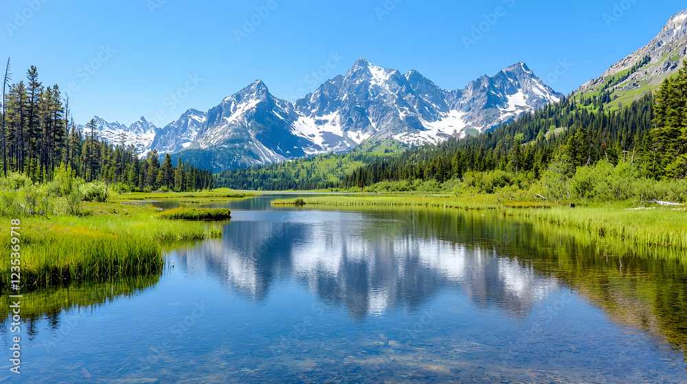 Mountain lake reflection, serene summer landscape, ideal for travel brochures Mountain lake reflection, serene summer landscape, ideal for travel brochures