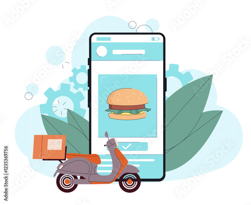 Fast food delivery application. Scooter with box near smartphone with hamburger. Takeaway eating. Online shopping, electronic commerce and home delivery. Flat vector illustration