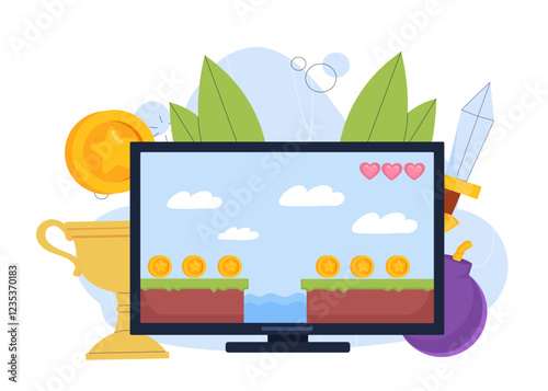 Game on computer screen. Video game or arcade with 8 pit pixilated graphics. Entertainment and fun, leisure. Level with golden coins and hearts. Flat vector illustration