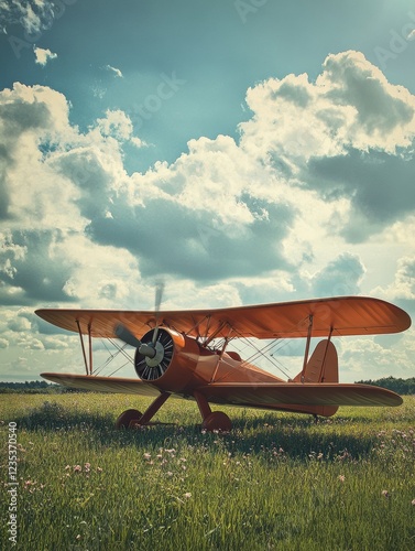 Vintage biplane rests on a sunny grassy field with flowers under a bright blue sky. Generative AI