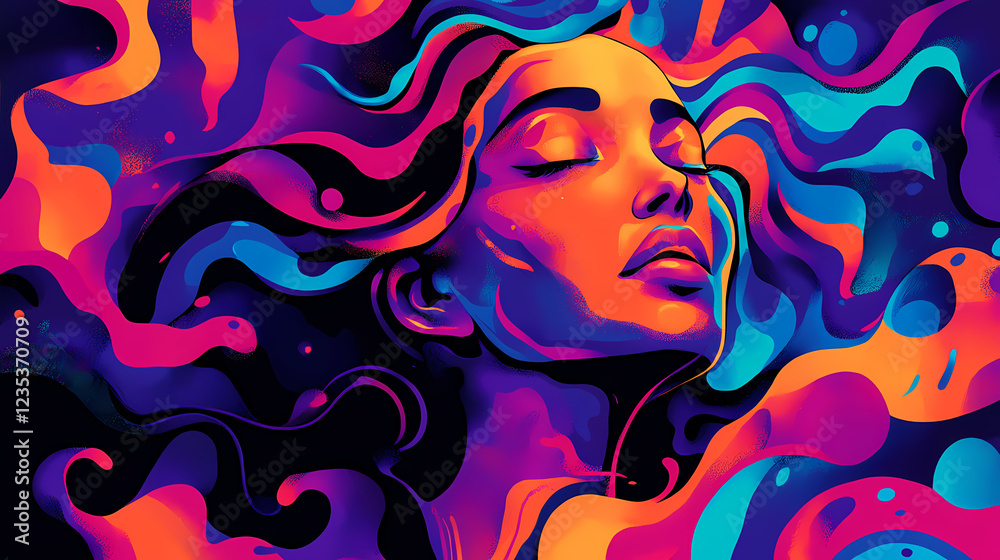 Emotional energy flow abstract portrait of a woman in cosmic colors. Cosmic Serenity. Illustration Emotional energy flow abstract portrait of a woman in cosmic colors. Cosmic Serenity. Illustration