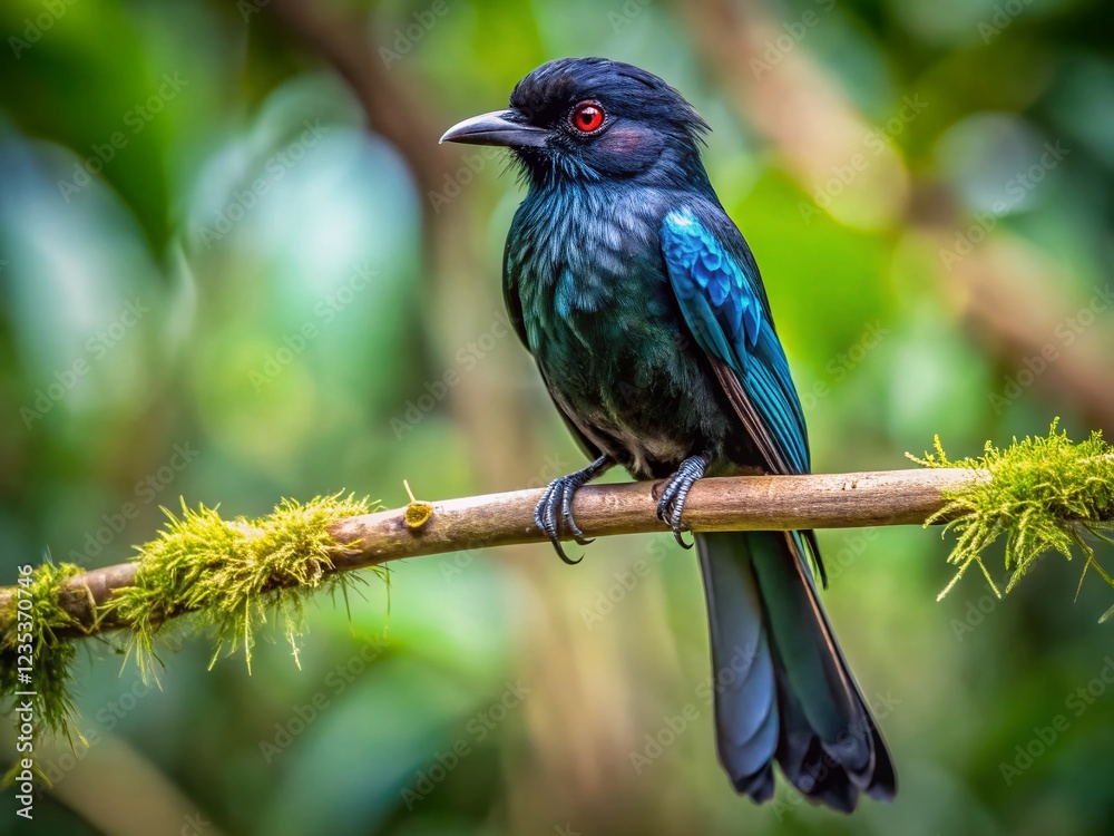 Fototapeta premium Watchful Sri Lanka Drongo Perched on Branch in Lush Rainforest