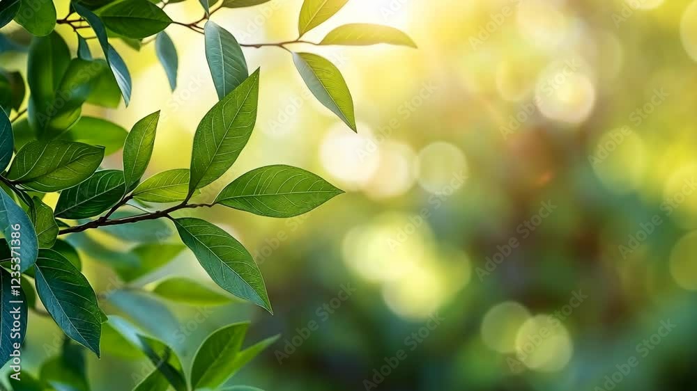 Bright green leaves basking in the sunlight with a softly blurred background in a serene natural setting Bright green leaves basking in the sunlight with a softly blurred background in a serene natural setting