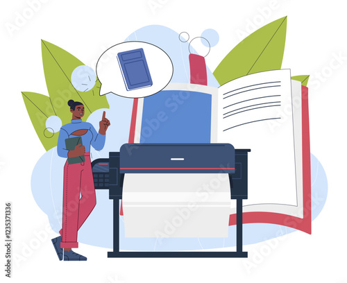 Woman prints books. Young girl near printer. Typography worker with textbook or fiction. Talented author, typewriter and copywriter. Printing paper. Flat vector illustration