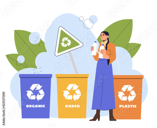 Woman sorts garbage. Young girl near trashcans with organic, paper and plastic trash. Recycling and reuse. Zero waste sustainable lifestyle. Caring for nature and environment. Flat vector illustration
