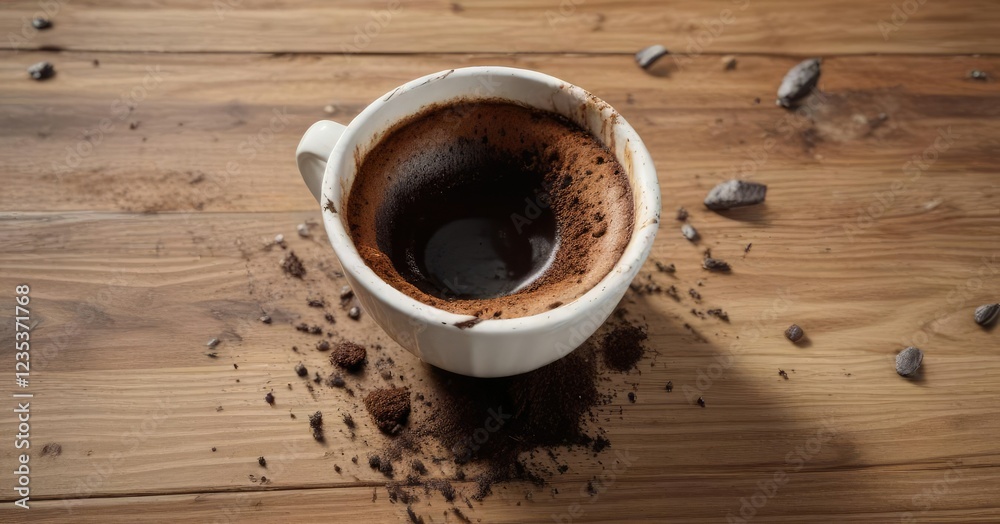 Coffee grounds and liquid mixing in a cracked cup on a wooden table , ambient light, cracked cup Coffee grounds and liquid mixing in a cracked cup on a wooden table , ambient light, cracked cup