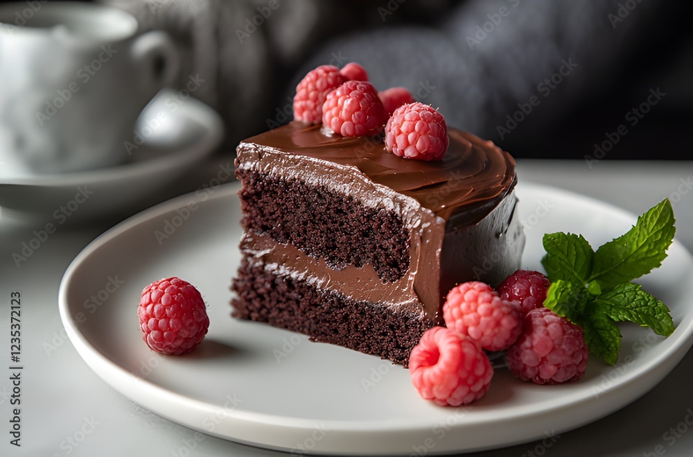 Slices of chocolate cake and fresh berries on a white plate Slices of chocolate cake and fresh berries on a white plate