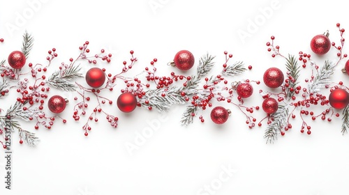 Festive Christmas Decoration: Red Ornaments and Holly Berries on Snowy Pine Branches photo