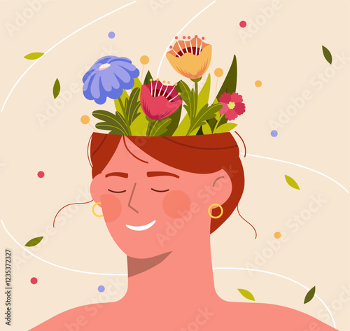 Woman head with flowers. Young girl with bloom and blossom plants inside head. Mindfulness and awareness. Positivity and optimism. Mental and psychological health. Flat vector illustration