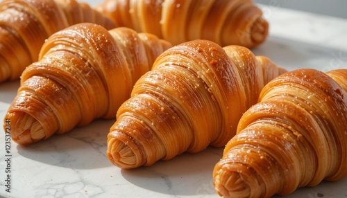 Classic French Croissants on a White Marble Countertop photo