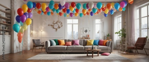Colorful balloons and streamers in a bright living room, party theme, festive decorations