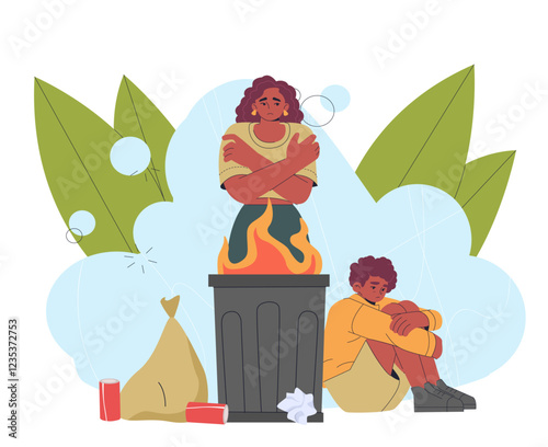 Homeless people at street. Woman and boy warm near fire in trash can. Poor and needy people outdoors. Homelessness and hopeless. Unemployed and dirty family. Flat vector illustration