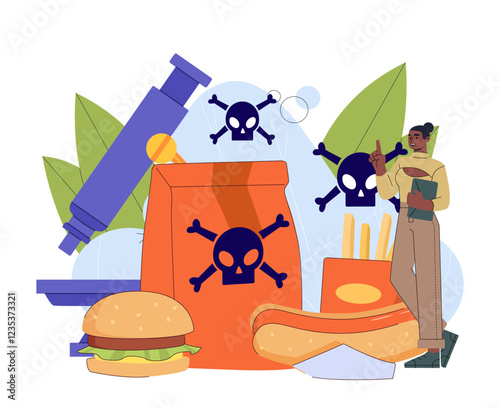 Infected fast food. Woman near hamburger, hot dog and french fries. Young girl with microscope examines composition of food. Microbiological studies. Flat vector illustration