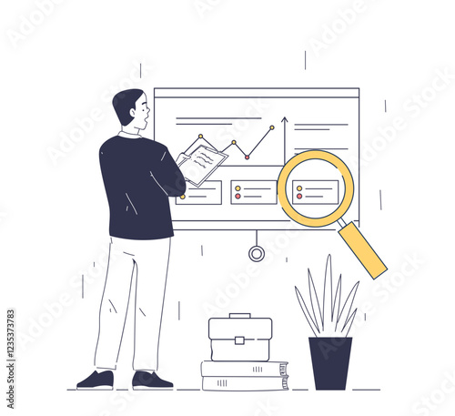 Man with investment growth. Businessman analyzes graphs and diagrams. Financial literacy and passive income. Investing and trading, economy. Linear vector illustration