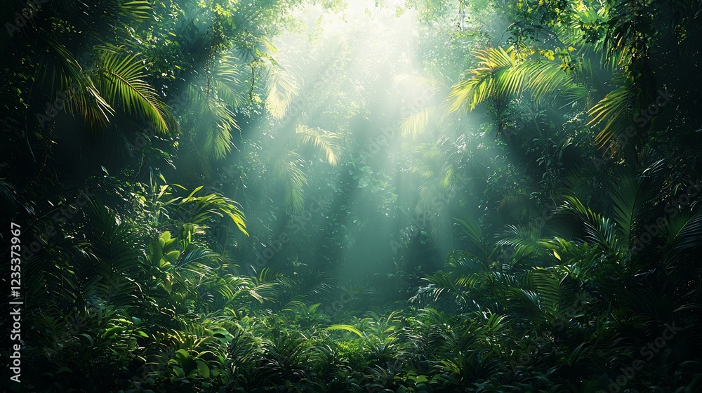 Fototapeta premium Lush Tropical Rainforest bathed in Sunlight