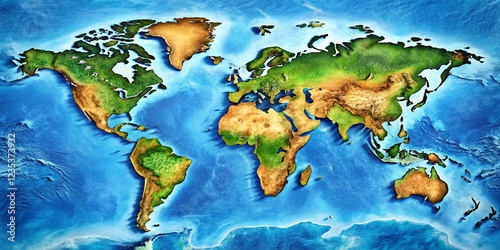 World Map Outline Aerial View with Blue Oceans and Continents