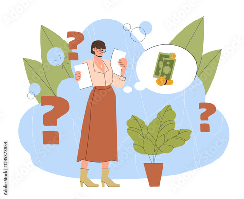 Lack of money. Woman with question signs think about money. Dream about banknotes and golden coins. Financial crisis, inflation and recession. Businesswoman with bankruptcy. Flat vector illustration