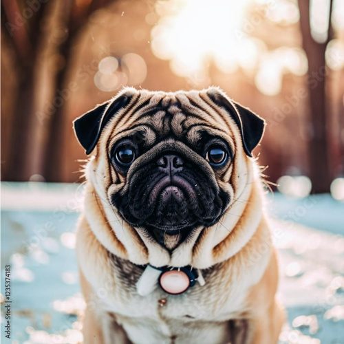 Portrait of a cute pug dog on a walk in the park.