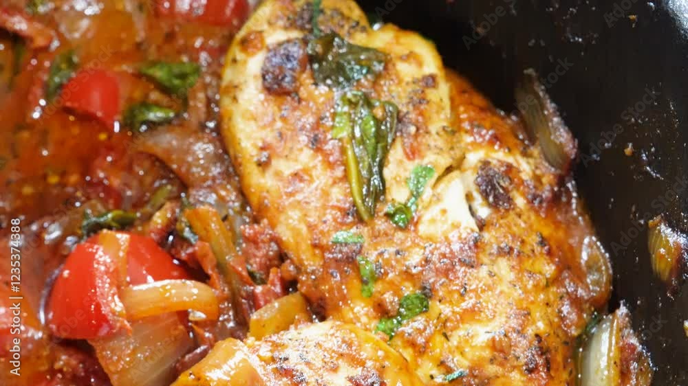 Cooking for dinner Tuscan Chicken made with fresh vegetables like peppers, onion, garlic, herbs and broth. Making an Italian meal for supper that's so full of flavor and color. Cooking for dinner Tuscan Chicken made with fresh vegetables like peppers, onion, garlic, herbs and broth. Making an Italian meal for supper that's so full of flavor and color.
