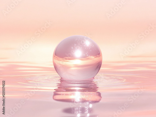 Crystal Sphere at Sunset: A crystalline sphere rests gently on the surface of still water, reflecting a breathtaking sunset in shades of pink and orange.