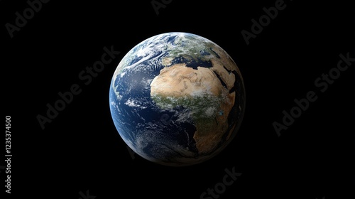 Earth in Space View with Clouds, Oceans, and Continents on Black Background