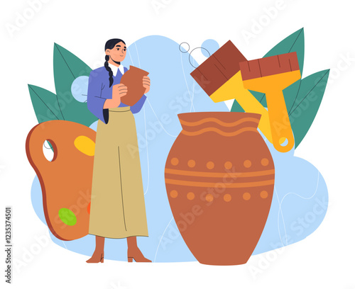 Woman making jugs. Young girl near brown jug with patterns and ornaments. Creativity and art. Workshop and studio. Pottery occupation. Handmade and handicraft dishware. Flat vector illustration