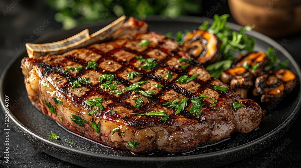 Juicy grilled steak with herbs and mushrooms on a black plate, garnished and ready to serve Juicy grilled steak with herbs and mushrooms on a black plate, garnished and ready to serve