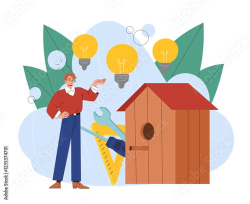 Man making feeder. Young guy near wooden booth for birds. Kindness and volunteering. Leisure, hobby and activity. Woodwork and wood processing. Flat vector illustration