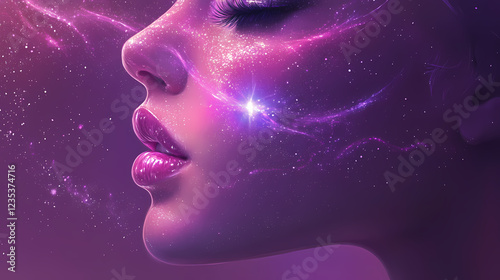 A graceful profile of a face seamlessly transitioning into a stream of luminous particles, blending with a cosmic starry background, symbolizing transformation. Cosmic Serenity. Illustration photo