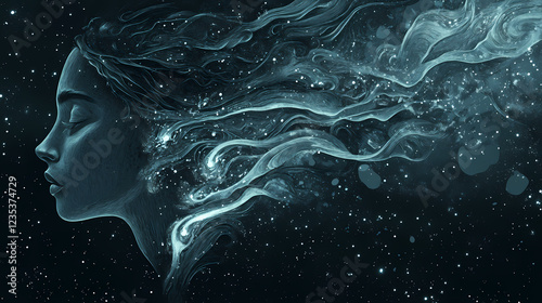 A graceful profile of a face seamlessly transitioning into a stream of luminous particles, blending with a cosmic starry background, symbolizing transformation. Cosmic Serenity. Illustration photo