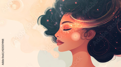 A mystical woman with a cosmic forehead design. Cosmic Serenity. Illustration photo