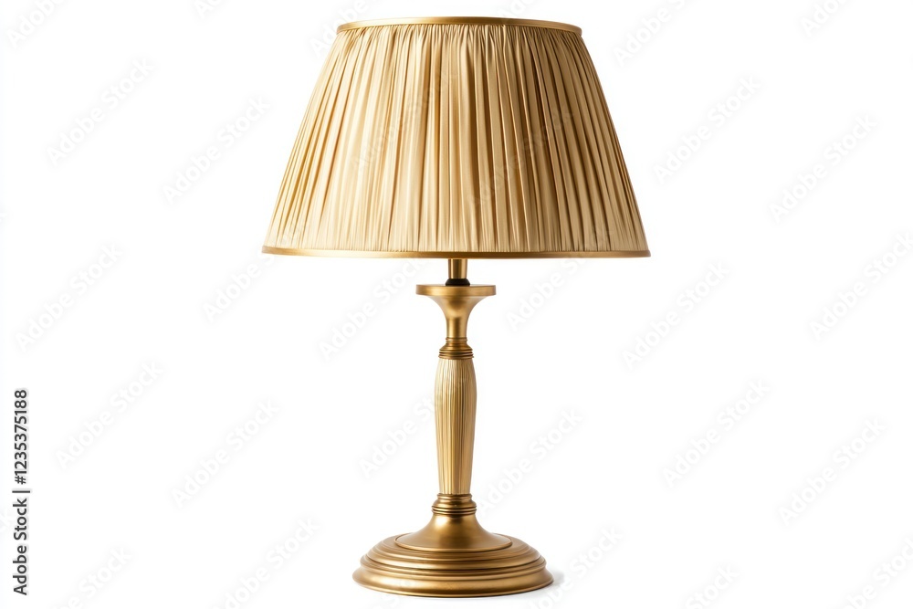 Elegant gold table lamp, pleated shade, white background, home decor Elegant gold table lamp, pleated shade, white background, home decor