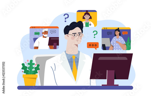 Medical video call. Man in medical uniform communicates on social networks with colleagues. Medical video conference on Internet. Education and learning. Webinar and seminar. Flat vector illustration