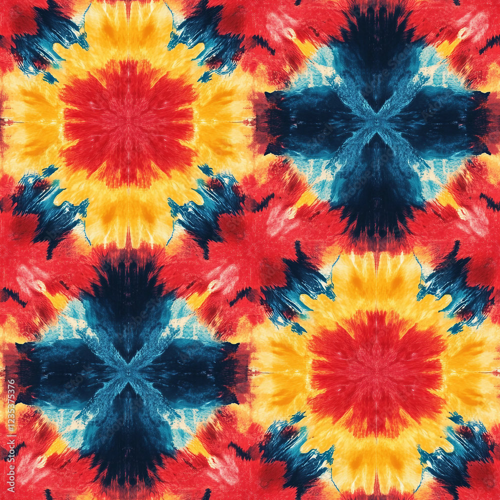 A colorful tie dye design with a yellow flower in the center A colorful tie dye design with a yellow flower in the center