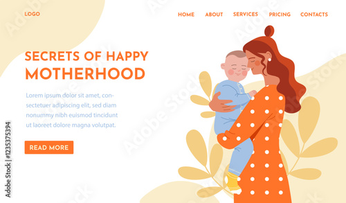 Happy motherhood banner. Woman holding child. Mother and baby. Parenthood and childhood. Good family relationships. Love, support and care. Landing page. Flat vector illustration