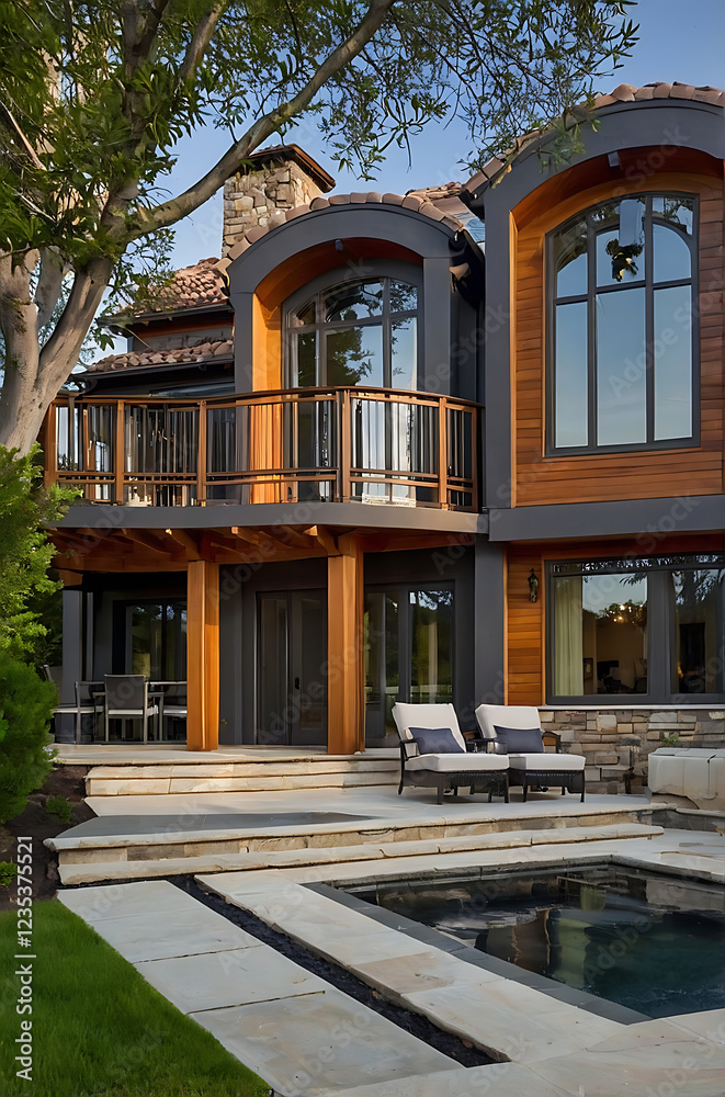 Luxury Modern Home Exterior Design with Pool and Balcony. Stunning architecture, contemporary design, and serene backyard landscape. Ideal for real estate listings and architectural publications. Luxury Modern Home Exterior Design with Pool and Balcony. Stunning architecture, contemporary design, and serene backyard landscape. Ideal for real estate listings and architectural publications.