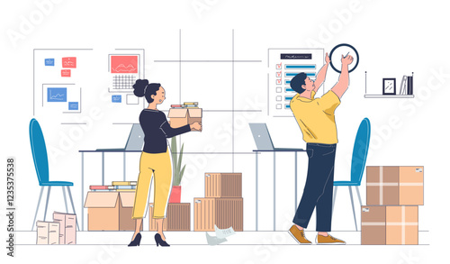 Family moving on. Man and woman cardboard boxes with things. Wife and husband moving on and relocate. Shipping and transportation, delivery. Linear vector illustration