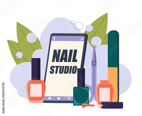 Nail studio concept. Nail polish with scissors near smartphone. Beauty treatments. Aesthetics and elegance. Equipment for manicure and pedicure. Manicurist workplace. Flat vector illustration