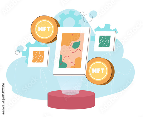 NFT pictures concept. Art gallery with digital artworks. Pictures and images with bitcoins. Non fungible token Cryptocurrency and blockchain technology. Flat vector illustration