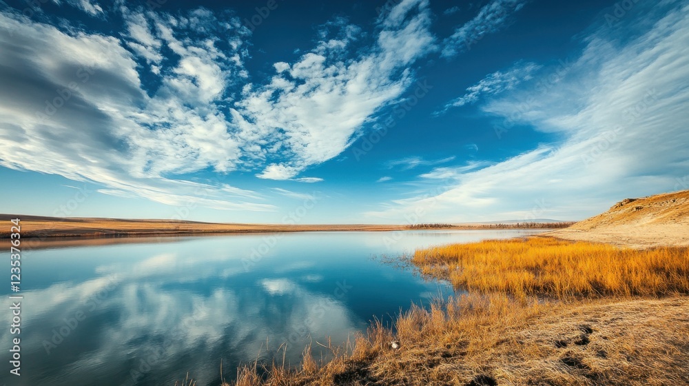 Obraz premium Serene Lake Reflecting a Blue Sky with White Clouds