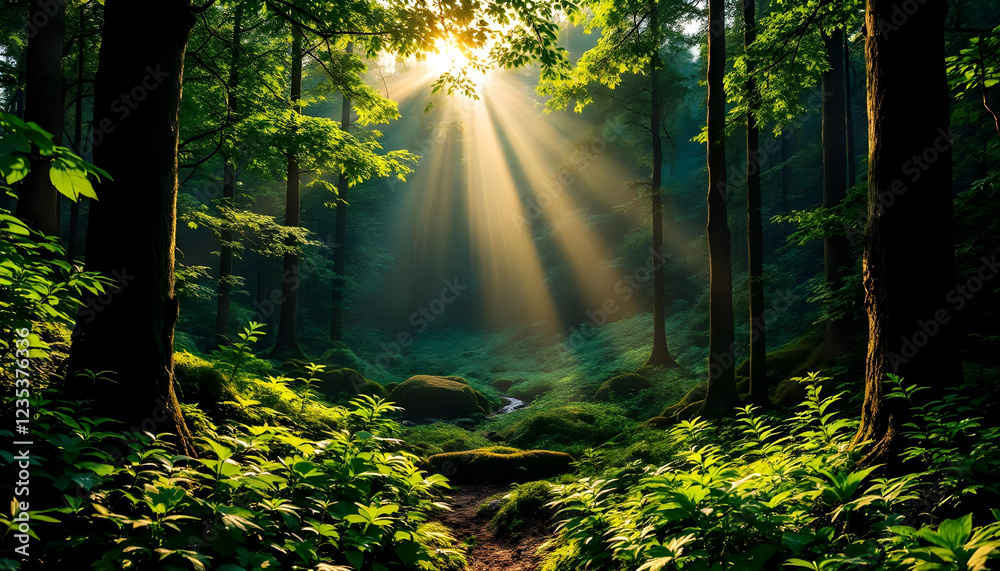 Obraz premium A breathtaking panoramic view of a lush green forest with tall trees and vibrant foliage. The morning sun shines through the dense canopy, casting long golden rays of light onto the forest floor. The 
