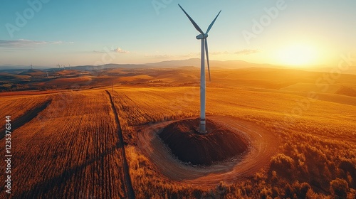 Aerial view of a wind turbine in a golden field during sunset, showcasing renewable energy photo