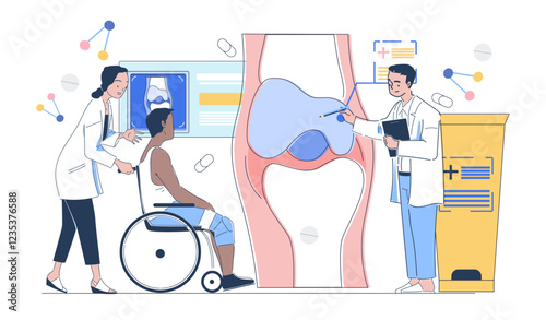 Orthopedics doctors team. Man and woman in medical uniform near knee scan. Diagnosis and treatment. Injury and trauma. Prevention of arthritis. Linear vector illustration